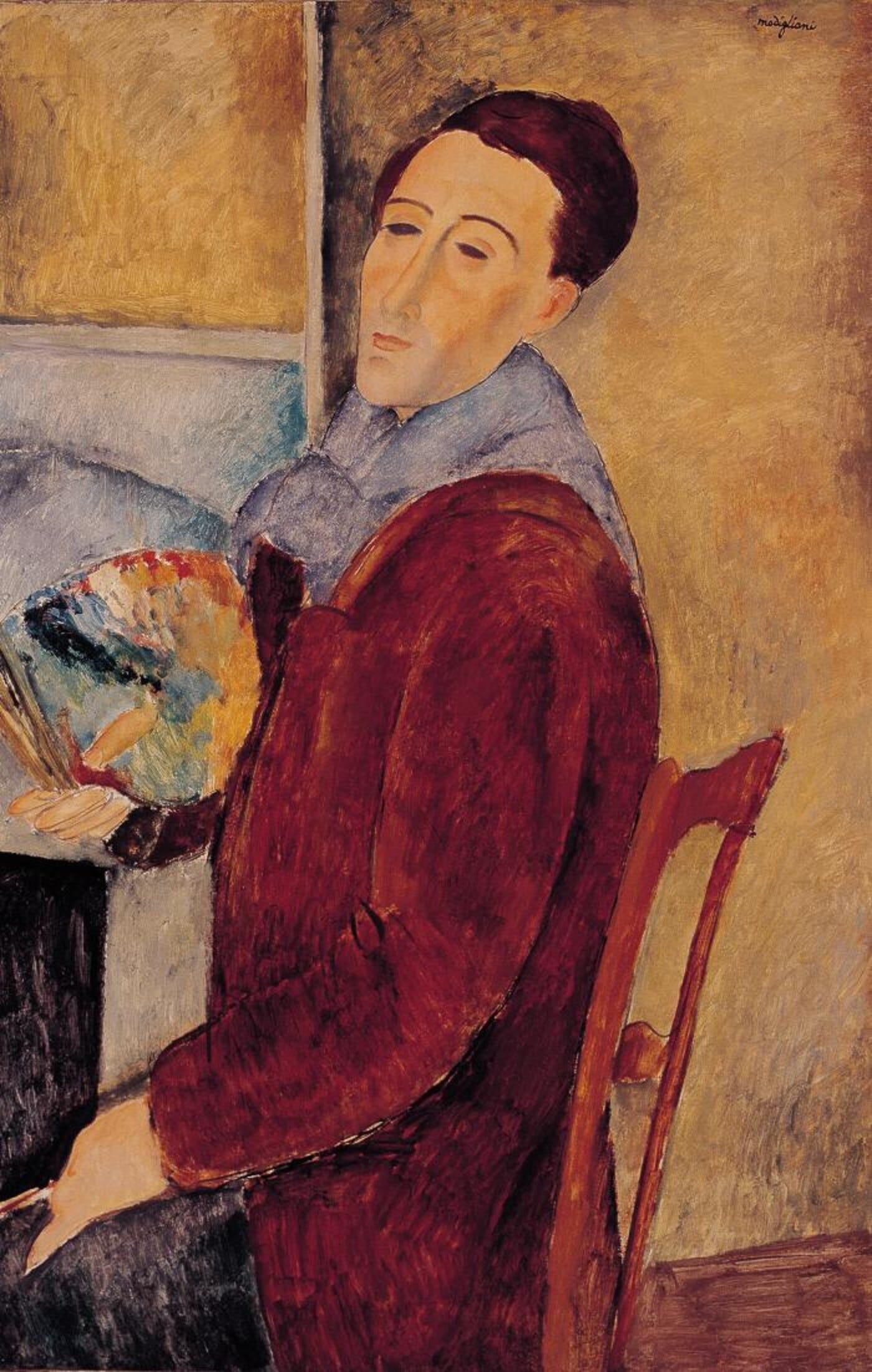 Modigliani's last self portrait, painted in 1919, the year before his death. Modigliani's last self portrait, painted in 1919, the year before his death.