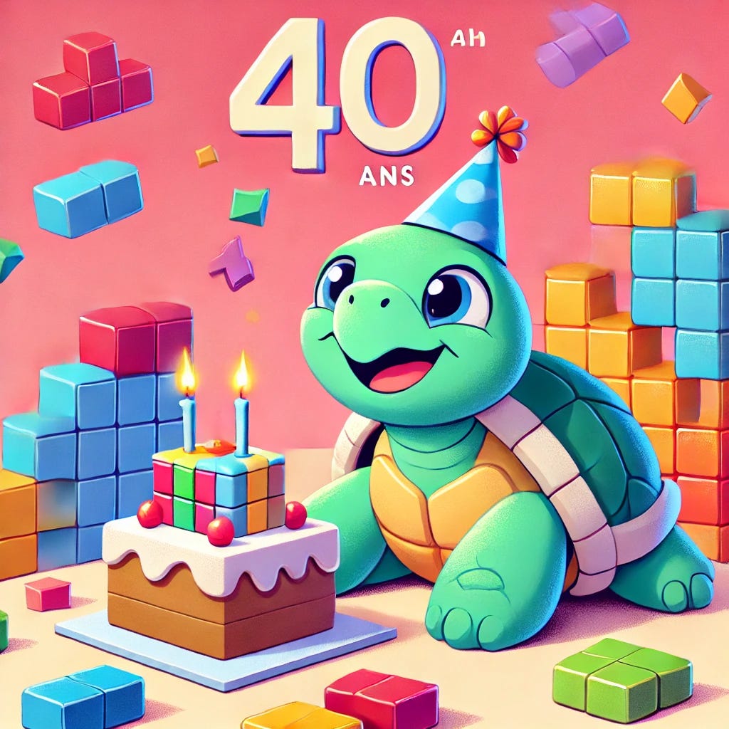 A birthday celebration scene for 'Tetris a 40 ans' featuring a cheerful turtle with a small cake and Tetris blocks floating around. The turtle is happily celebrating the 40th anniversary of Tetris, with playful, colorful Tetris shapes in the background.