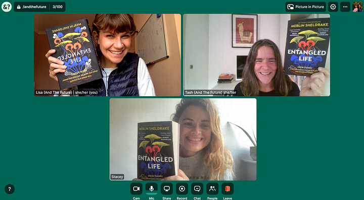 A gallery of screenshots showing the online book club meet up attendees holding their books into the camera and smiling