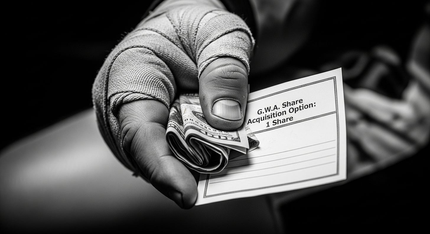 A gritty, close-up, black-and-white photograph focusing on a wrestler's calloused and heavily taped hand. The hand holds a small, crumpled wad of cash and a neatly typed slip of paper that reads, 'G.W.A. Share Acquisition Option: 1 Share'.