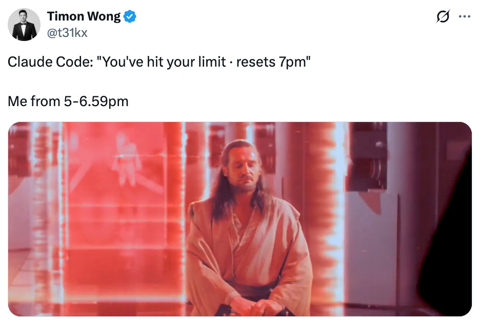   See new posts Conversation Timon Wong @t31kx Claude Code: "You've hit your limit · resets 7pm"  Me from 5-6.59pm