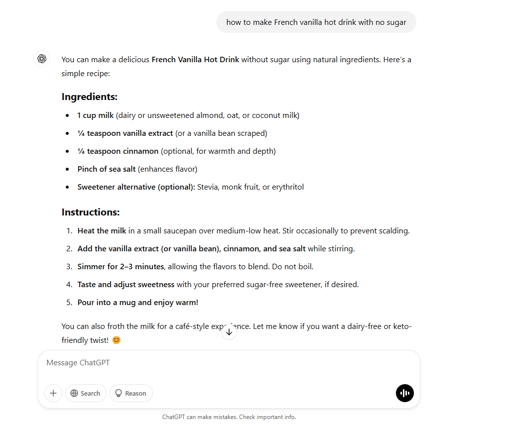 chatgpt output for my question about How to make French vanilla hot drink with no sugar? chatgpt output for my question about How to make French vanilla hot drink with no sugar?