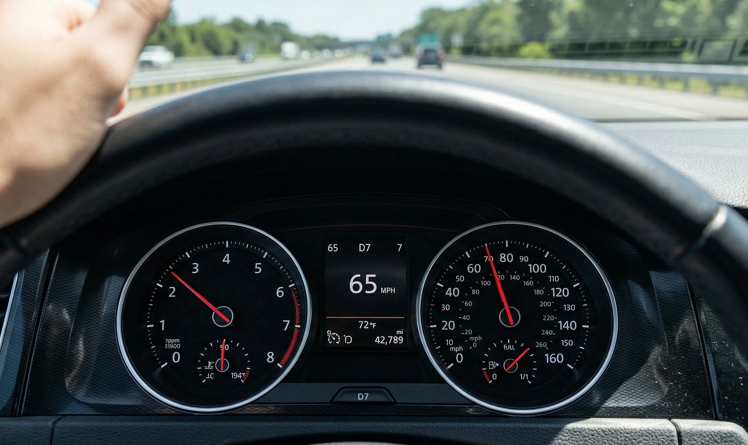 Car dashboard on an open highway — all gauges steady, no warning lights, fuel full, cruising at 65. Car dashboard on an open highway — all gauges steady, no warning lights, fuel full, cruising at 65.