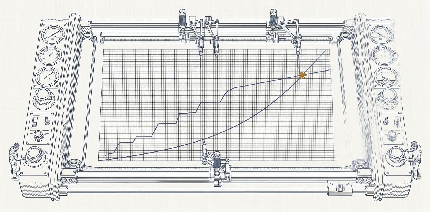 Wide technical illustration of a large analog chart recorder, viewed from above at a slight angle that reveals the depth of the instrument's side panels. The recording bed dominates the composition: a long calibrated paper sheet marked with a fine slate-blue grid covers most of the image width. Two ink traces in slate blue climb across the paper from lower-left toward upper-right, with visibly different profiles — one rising in sharp stepped inflections, the other on a smoother accelerating curve. The two traces converge and cross at a single point in the upper-right region of the chart, where a small amber-gold starburst marks the intersection. Pen mechanisms with delicate armatures and ink reservoirs are mounted on rails at the top and bottom edges of the recording bed, rendered in fine mechanical detail. The recording bed is bordered on left and right by mature instrument cabinets, each with a vertical stack of round analog gauges, calibration knobs, small toggle switches, and a large control dial at the lower front. Two small human figures in slate blue stand at the lower-left and lower-right corners of the instrument, each turning a calibration dial at the side panel — facing the cabinets rather than the converging traces on the recording bed. All primary linework is fine slate blue (#334155) on an off-white linen-textured background; the small amber-gold starburst at the intersection point is the only non-slate color in the image.