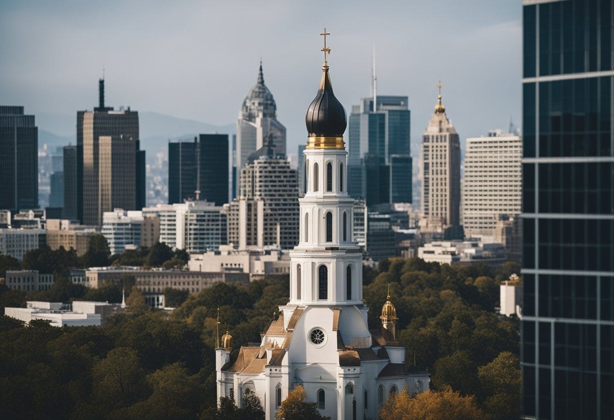 A church building standing tall and prominent in a cityscape, surrounded by government buildings and symbols of political power