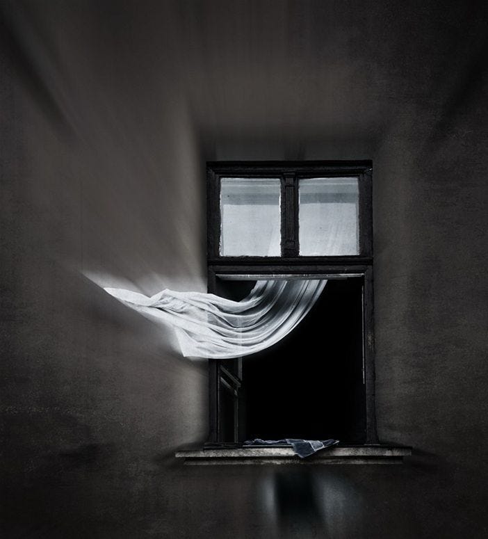 an image of a window with curtains blowing in the wind