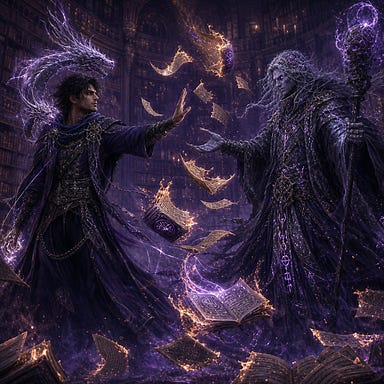 Felonious standing in an infinite arcane library of whispering books and violet‑amber light, facing the lich version of himself. Mortal Felonious: slender, fine‑boned, ink‑dark tousled hair, expressive eyes, pale warm skin, violet‑charcoal robes, silver pseudodragon spirit perched near his shoulder. Lich Felonious: translucent vellum‑pale skin, violet‑gray flame eyes, hair streaked with silver runes, tattered charcoal‑violet robes glowing with sigils, staff of bone and obsidian. Between them, swirling burning pages rise as mortal Felonious rejects the lich’s outstretched hand. Fully original faces.