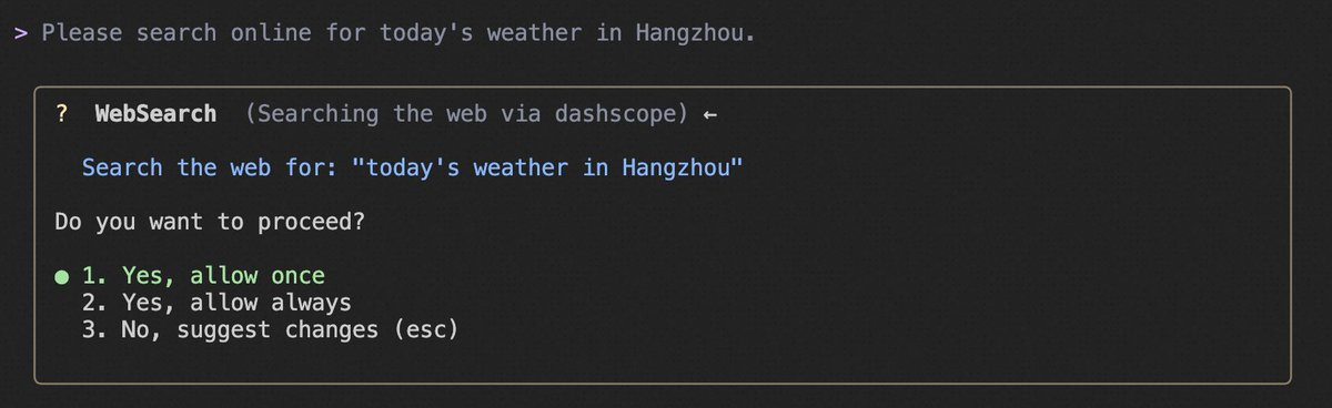 Screenshot of a terminal interface displaying a web search prompt for todays weather in Hangzhou using dashScope with options to allow once or suggest changes and a progress indicator for searching the web via dashScope.