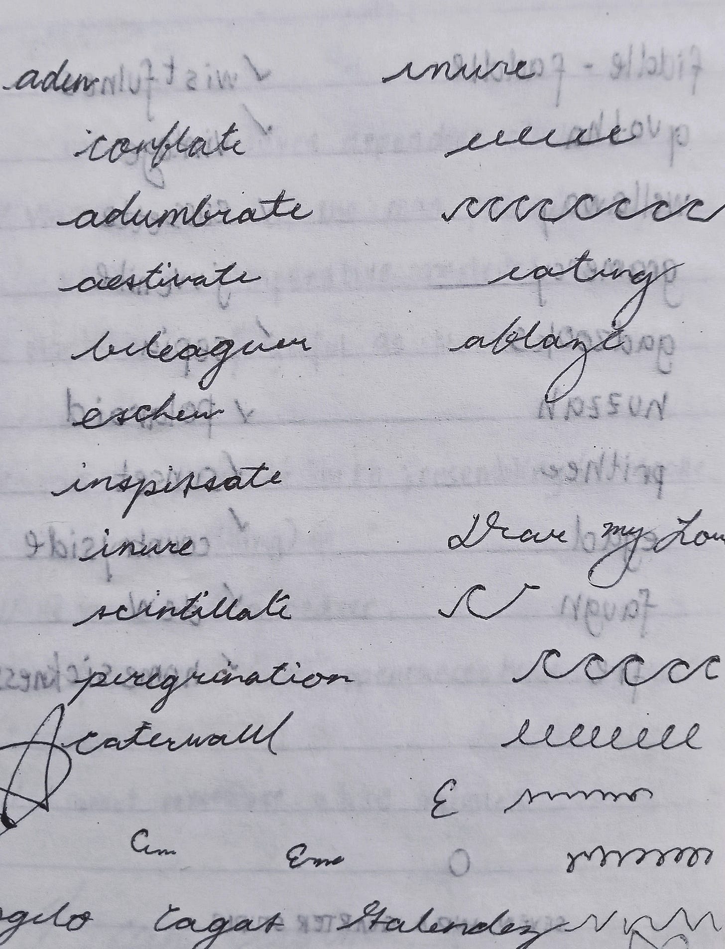 A handwritten page showing cursive vocabulary words on the left with practice strokes and patterns on the right.