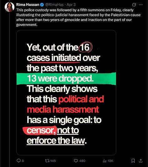 Series of Tweets by Rima Hassan following her arrest