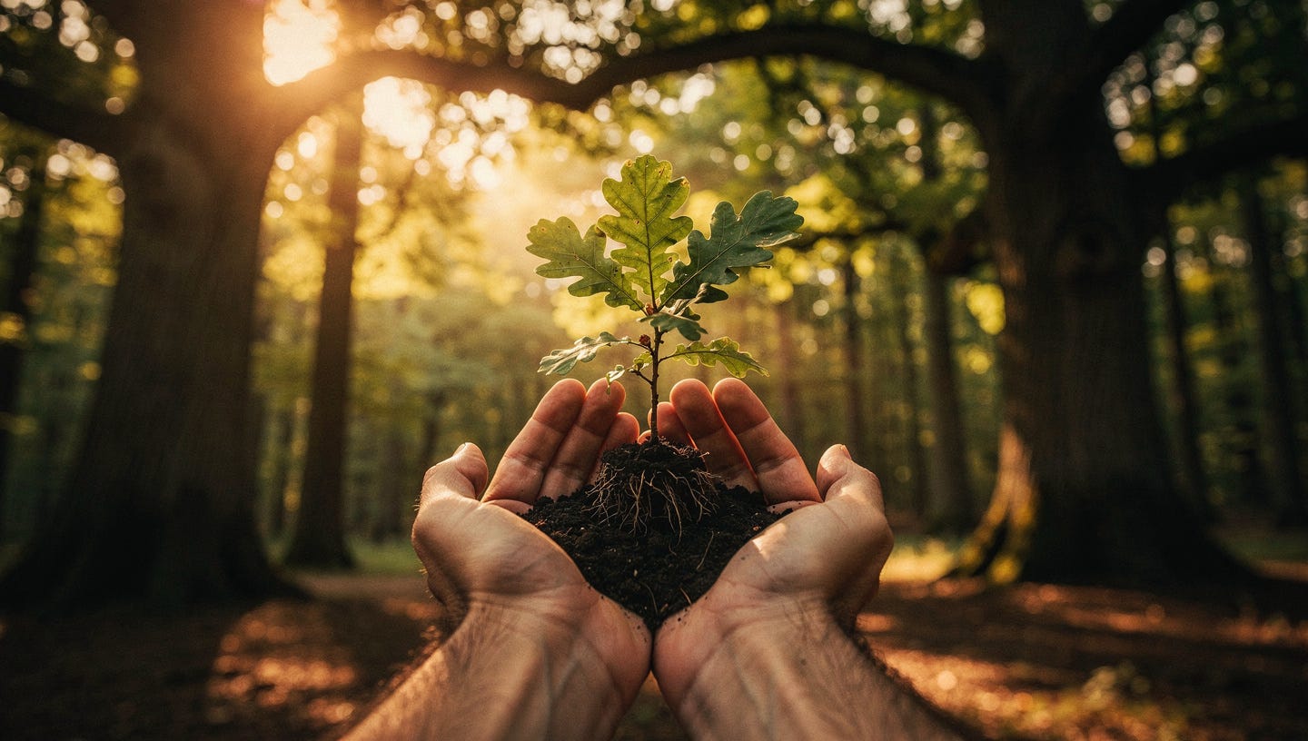 A photorealistic, editorial-style photograph of two hands gently holding a small, healthy green oak sapling with visible roots, placed over a blurred background of a calm, sunlit forest with tall, centuries-old oak trees. The contrast between the tiny seedling and the ancient trees in the background symbolizes long-term growth and permanence. Warm golden hour light. Shot on a 85mm lens, f/1.8 aperture, shallow depth of field. Muted, natural color palette with deep greens and warm amber tones. No people's faces visible. No text.
