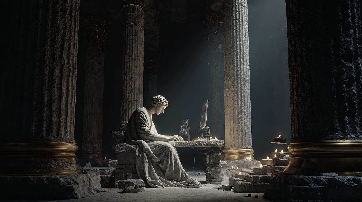 A Roman philosopher in weathered marble relief emerging from shadow into light A Roman philosopher in weathered marble relief emerging from shadow into light