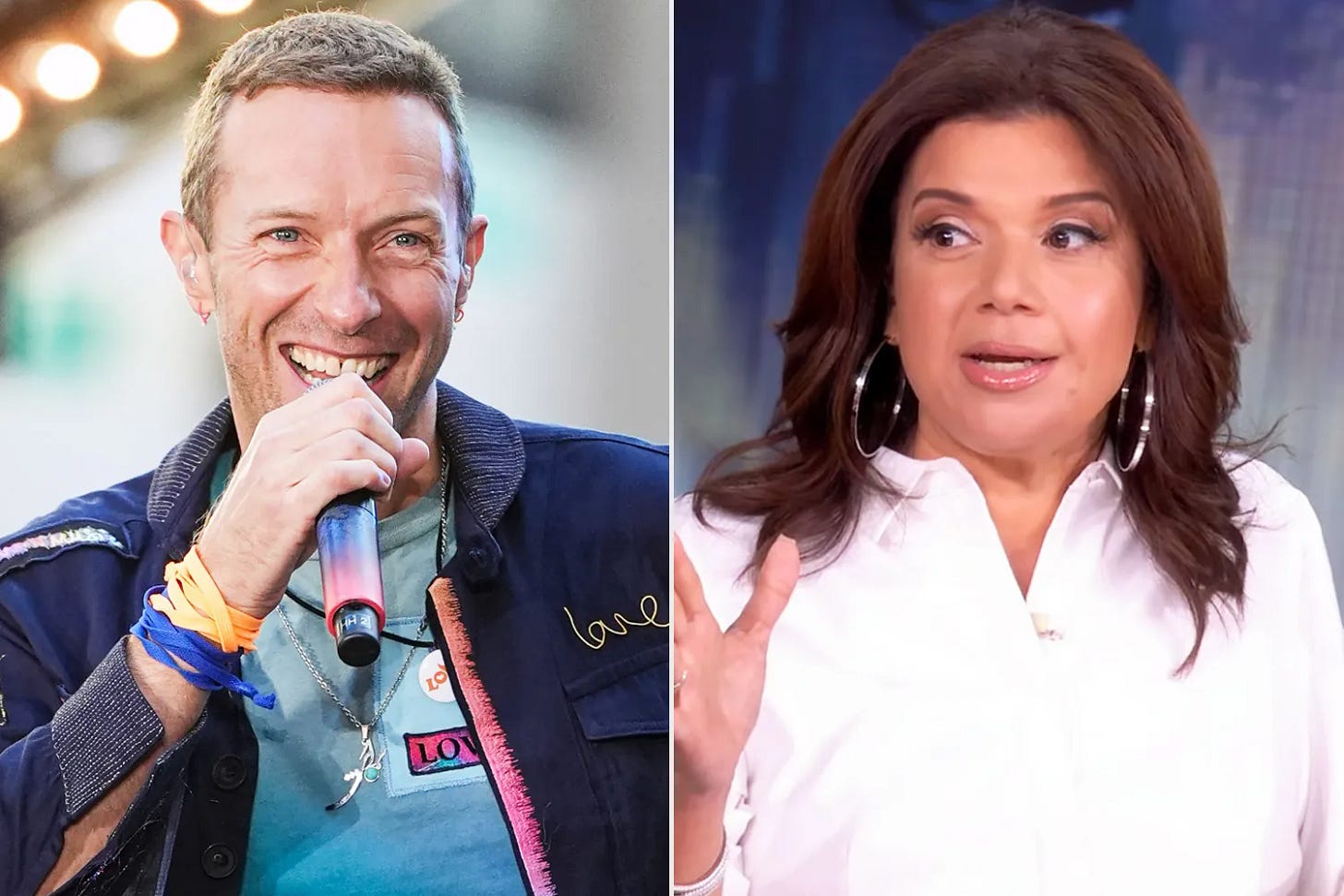 Chris Martin of Coldplay performs on NBC's "Today" at Rockefeller Plaza on October 08, 2024 in New York City; Ana Navarro on The View