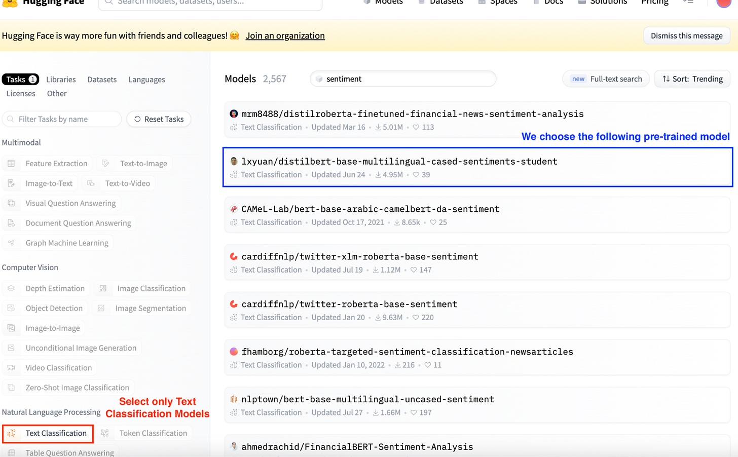Screenshot of Hugging Face Model Hub main view. Selecting Text Classification models. Screenshot of Hugging Face Model Hub main view. Selecting Text Classification models.