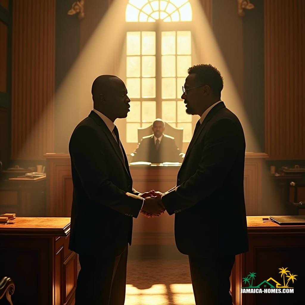 Two lawyers standing in a Jamaican courtroom, surrounded by rich wooden accents and ornate details, with warm sunlight pouring in through the large windows, casting dramatic shadows on their determined faces, as they engage in a heated debate, with the judge's bench looming in the background
