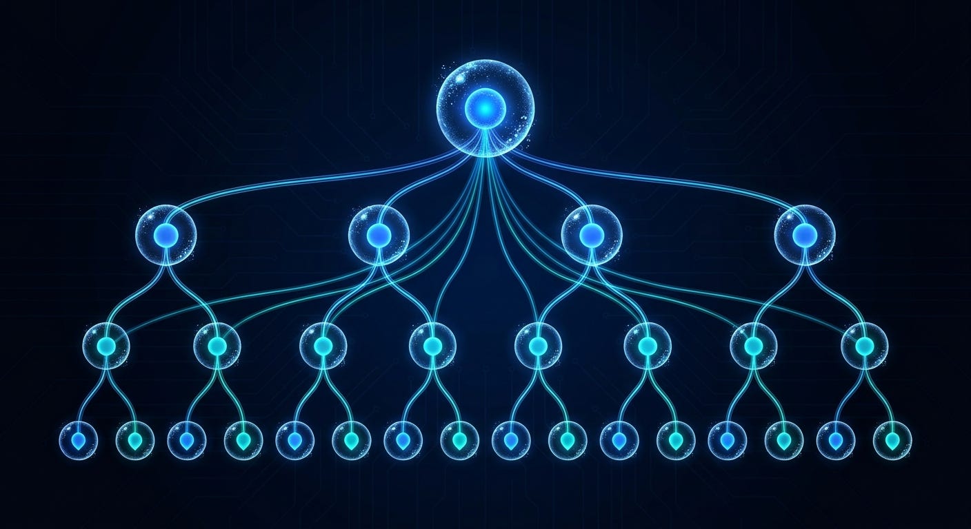 AI Agents five-level delegation hierarchy: glowing cyan nodes in isolated context bubbles, leaf workers at the bottom tier, visualizing Claude Code subagent spawning depth and context isolation AI Agents five-level delegation hierarchy: glowing cyan nodes in isolated context bubbles, leaf workers at the bottom tier, visualizing Claude Code subagent spawning depth and context isolation