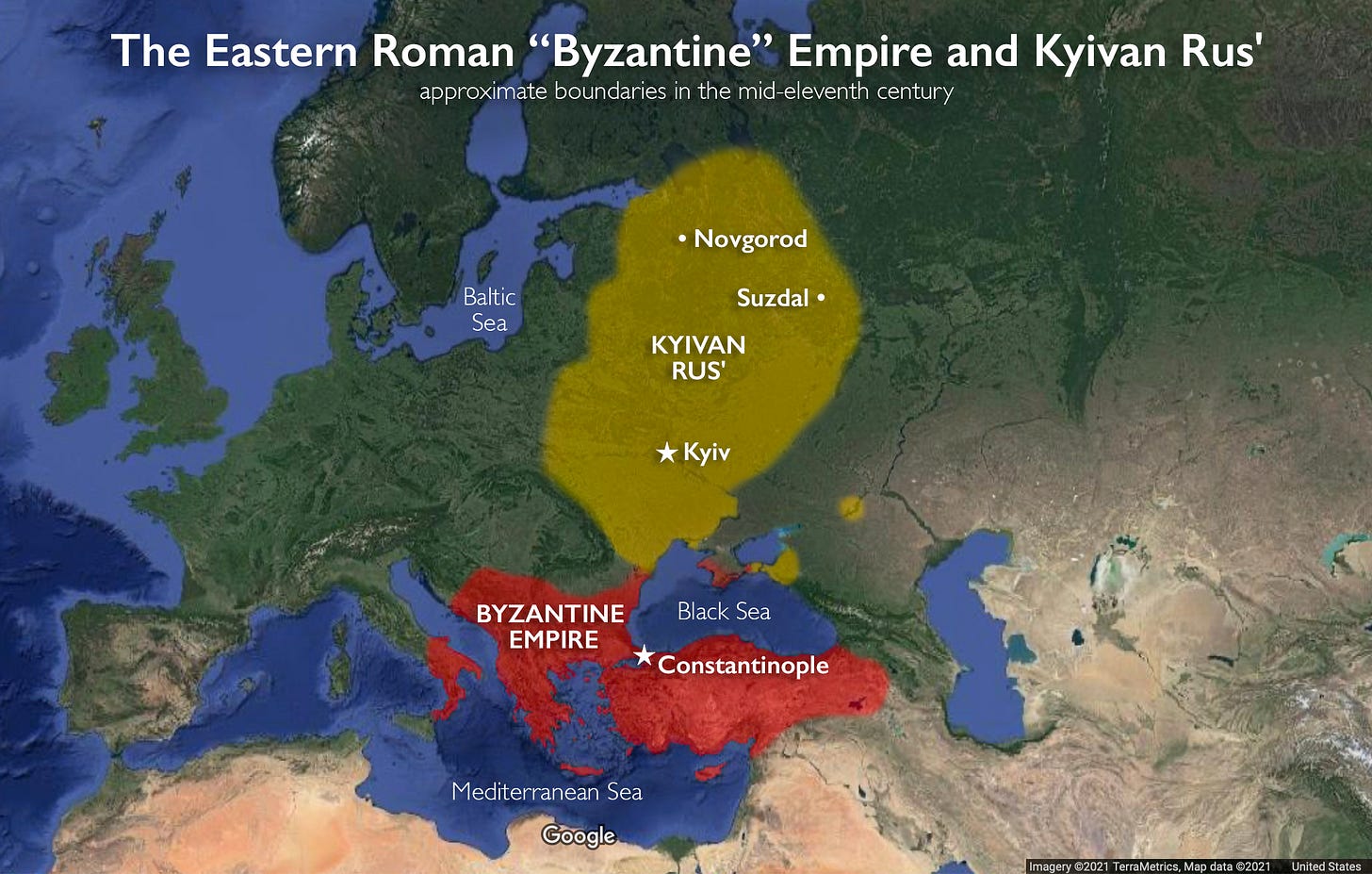 Map of the Byzantine Empire and Kievan Rus' (underlying map © Google)