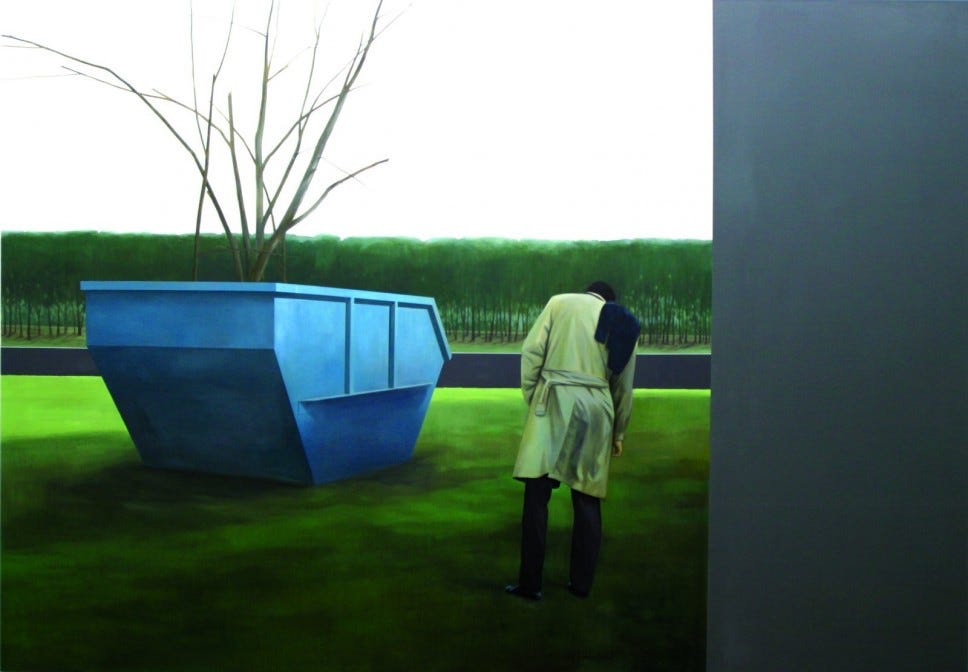 A person standing in front of a blue container

Description automatically generated