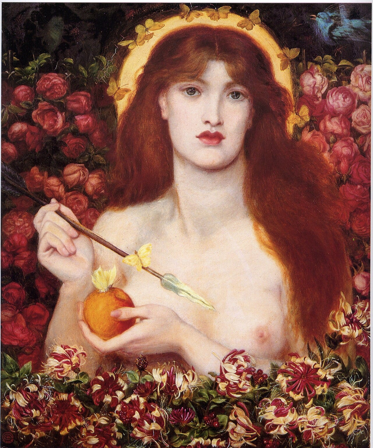 Red haired Venus with apple and arrow among roses Red haired Venus with apple and arrow among roses