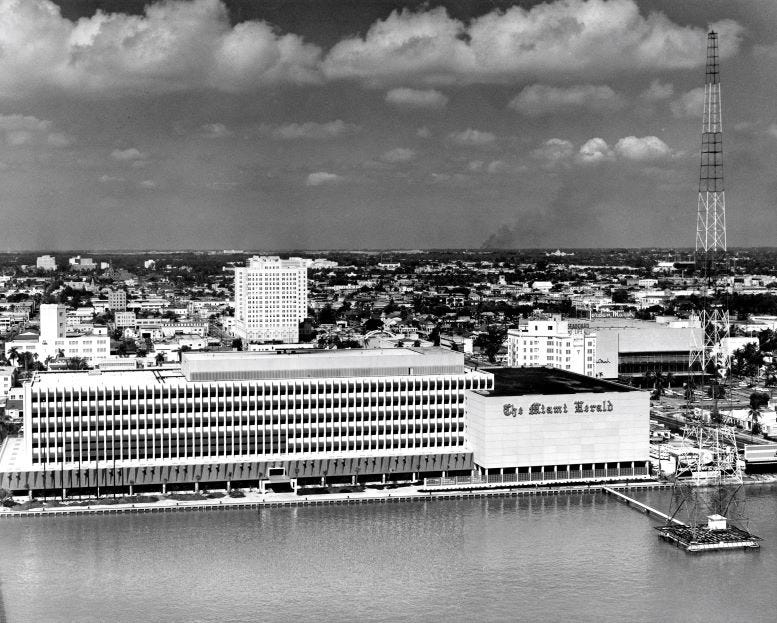 The Miami Herald building looking west in 1963. Courtesy of the Florida State Archives.