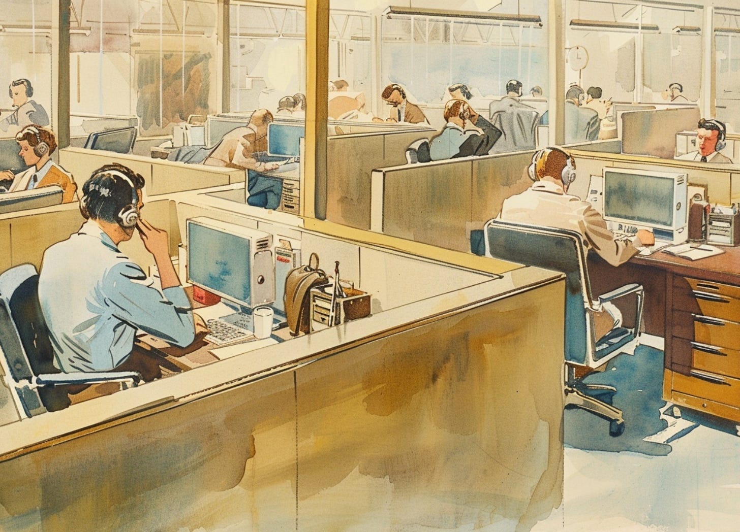 vintage watercolor illustration of an open-plan office where a man clips his nails at his desk while coworkers nearby visibly avoid reacting