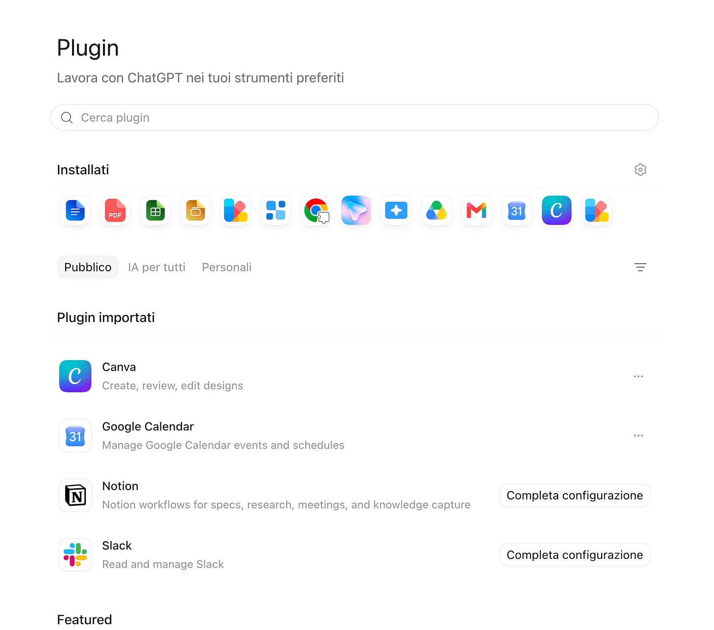 Pagina dei Plugin in Codex