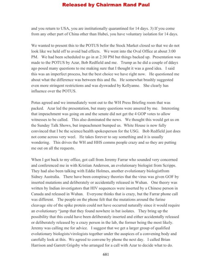 Fauci diary page — January 31, 2020 entry describing the call with Farrar, Andersen, and Holmes about the furin cleavage site Fauci diary page — January 31, 2020 entry describing the call with Farrar, Andersen, and Holmes about the furin cleavage site