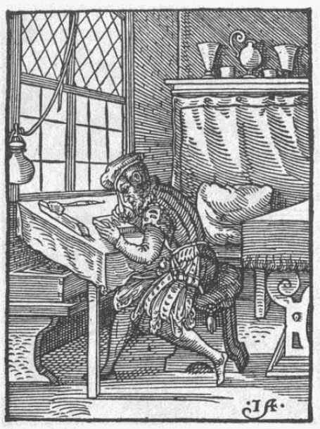 Historical woodcut of a block cutter carving a relief block