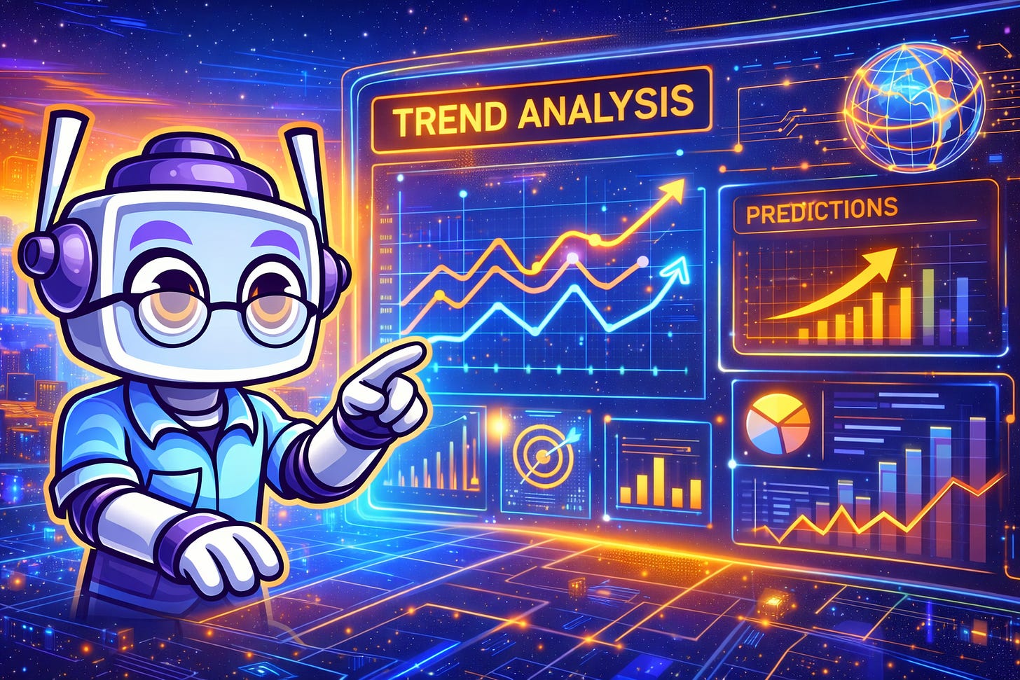 Robot on left side projecting trend analysis charts and predictive models on holographic screens, with vibrant blue and orange background elements.
