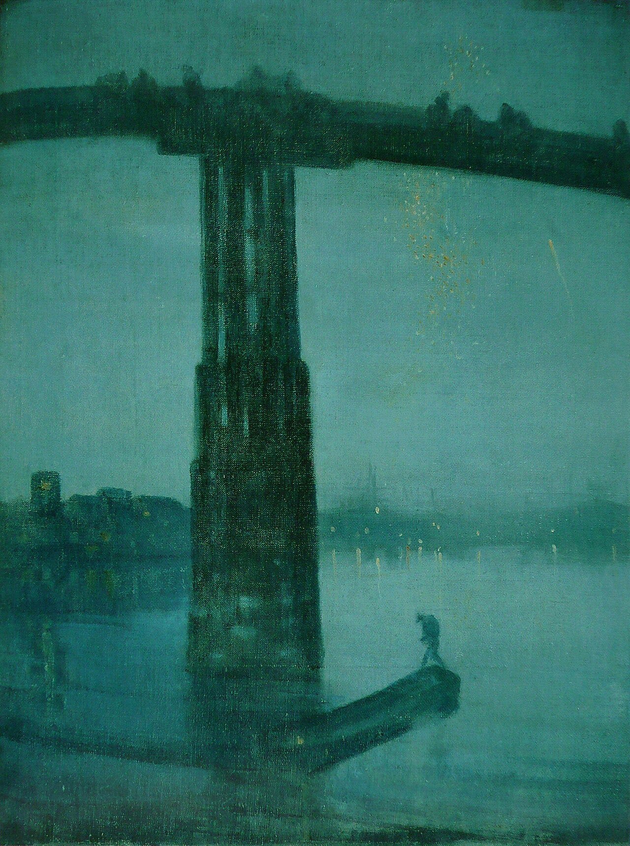 A tall dark bridge in blue dusk with a figure in a boat A tall dark bridge in blue dusk with a figure in a boat