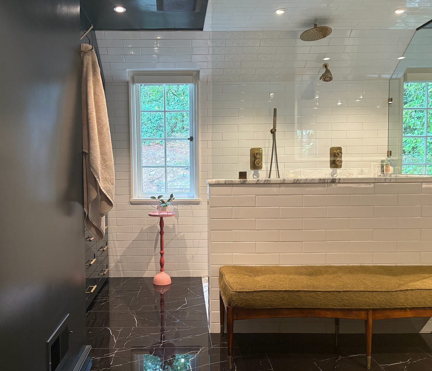 bathroom refresh, styling, interior styling, Tudor style, Tudor, Tudor home, white tile shower, tile shower, marble floors, black marble floors