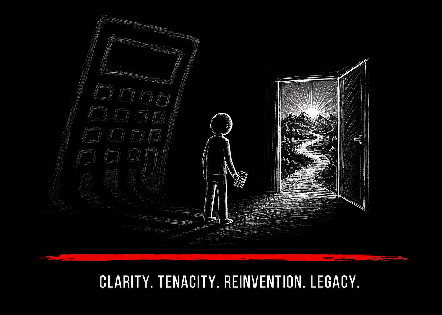 Black-and-white chalk-style sketch on a dark background showing a person holding a calculator while standing between a giant looming calculator and an open doorway leading to a bright winding path through mountains at sunrise. A red brushstroke line and the words “Clarity. Tenacity. Reinvention. Legacy.” appear at the bottom.
