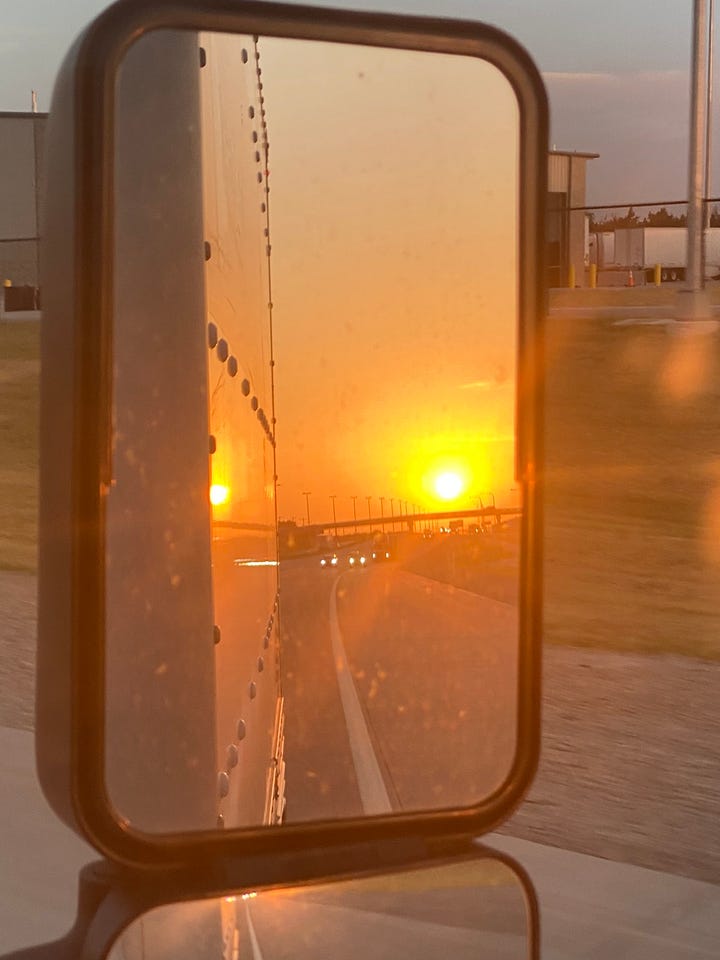 (L) arriving at our destination (R) sunrise in the sideview mirror!