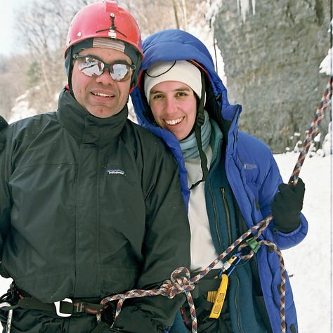 Sue as an elf princess with a phoenix logo on her shoulder; a professional headshot of Sue; Sue and her husband ice climbing together