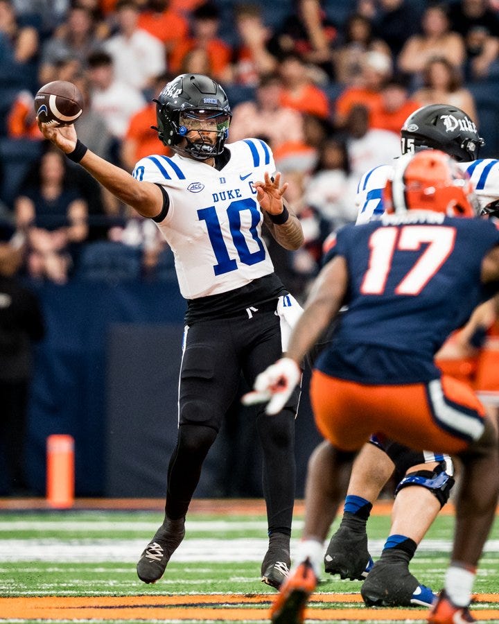 A football player wearing a Duke Blue Devils jersey with the number 10, throwing a football on a field. He is in a black helmet and uniform, with another player in an orange and navy uniform, number 17, visible in the foreground. The scene takes place during a game, with a crowd in the background. A football player wearing a Duke Blue Devils jersey with the number 10, throwing a football on a field. He is in a black helmet and uniform, with another player in an orange and navy uniform, number 17, visible in the foreground. The scene takes place during a game, with a crowd in the background.