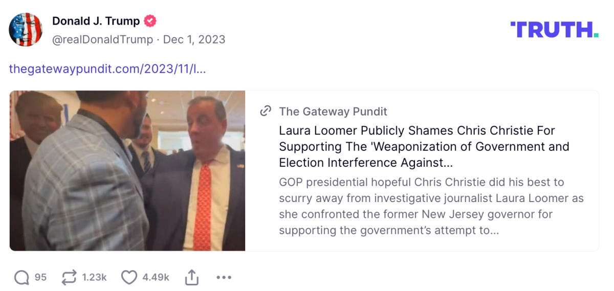 Trump amplified a Loomer attack on Chris Christie again in December