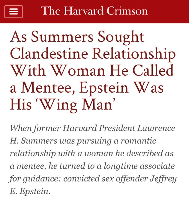 Screenshot of a Harvard Crimson article headline and excerpt detailing former Harvard President Lawrence Summers pursuing a romantic relationship with a woman described as a mentee and turning to Jeffrey Epstein for guidance. Below it, a color photograph shows Lawrence Summers, an older man with gray hair wearing academic robes and a blue sash, smiling while standing among graduates in caps and gowns at a commencement ceremony, with blurred figures in the background including people with red hair and sunglasses.