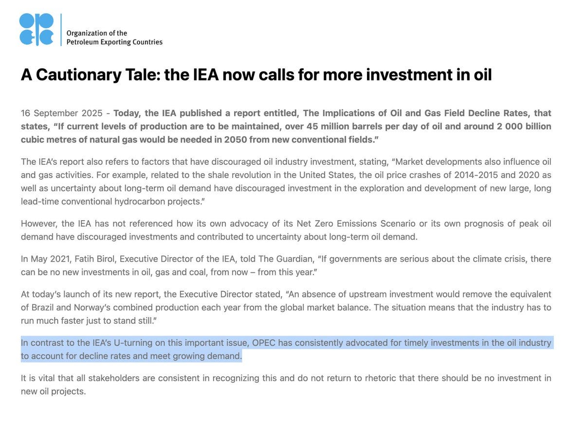 A document with the International Energy Agency logo at the top left, featuring text about oil and gas investment. The text includes the title "A Cautionary Tale: the IEA now calls for more investment in oil" and mentions OPEC, with visible paragraphs discussing oil production and investment rates.