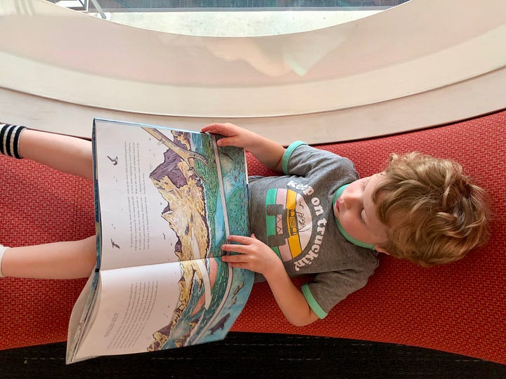 Two pictures of a round reading nook with a window, one picture has a 3 year old boy in the window seat, the other is the same boy at 9 years old.