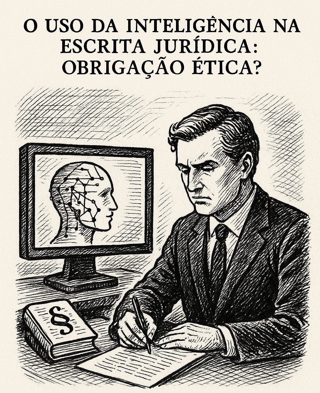 Desenho em preto e branco no estilo nanquim mostra advogado escrevendo à mesa, com um monitor exibindo um rosto humano com conexões de rede neural. Ao lado, um livro com símbolo de parágrafo. A imagem representa o uso ético da inteligência artificial na redação jurídica.