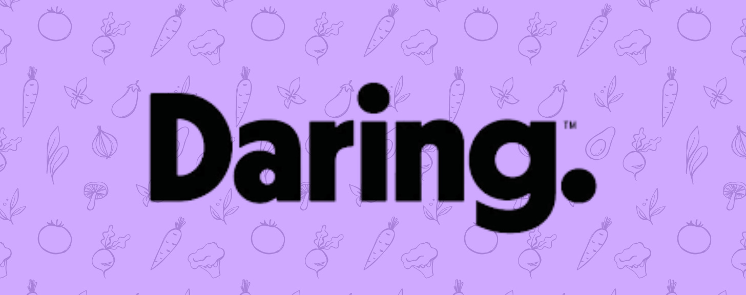 daring logo on a purple background with a veggie collage