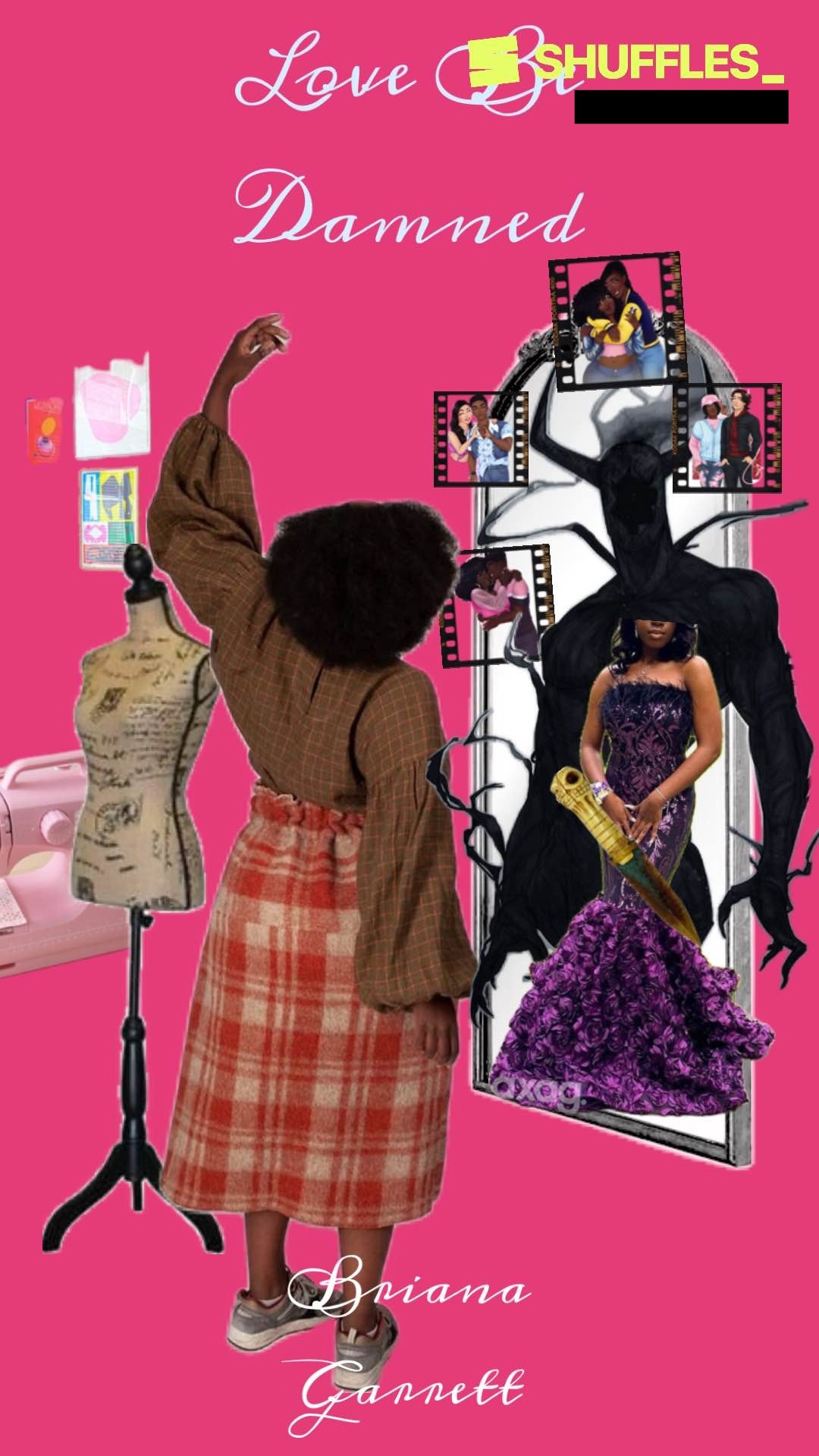  Ayana in her studio looking into a mirror that is covered in photos of her friends/family. In the mirror is Ayana in her prom dress with the knife she uses to kill Zelroth, and behind her in the mirror is Zelroth (menacingly, lol)