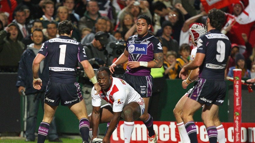 Showman... Wendell Sailor scores the first of his two tries for the Dragons, taking his tally to 13.