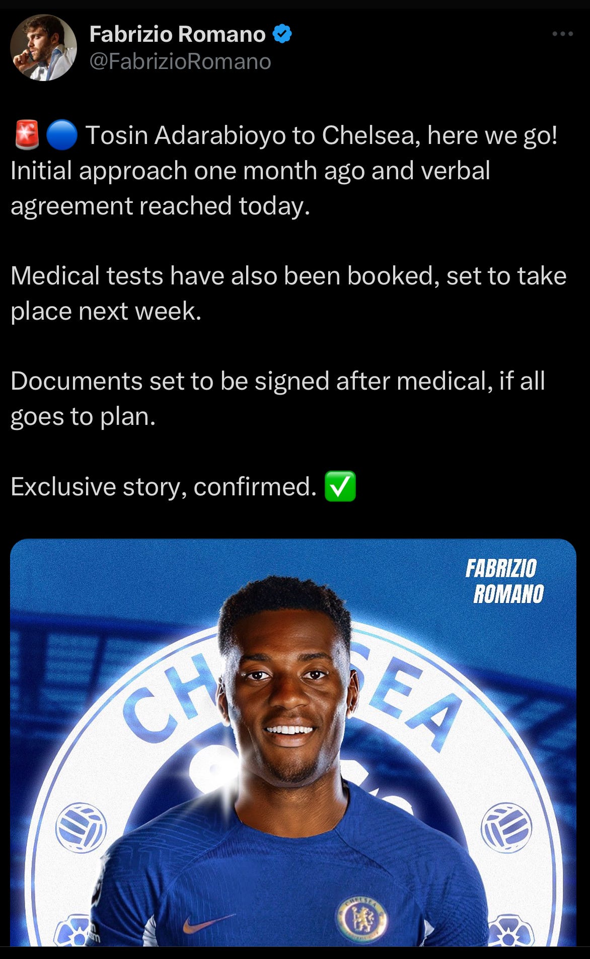 A tweet by Fabrizio Romano confirming Tosin Adarabioyo's move to Chelsea.