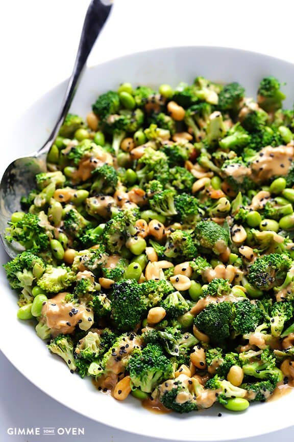 Asian Broccoli Salad -- quick and easy to make, and made with a tasty peanut sauce | gimmesomeoven.com #vegan Asian Broccoli Salad -- quick and easy to make, and made with a tasty peanut sauce | gimmesomeoven.com #vegan