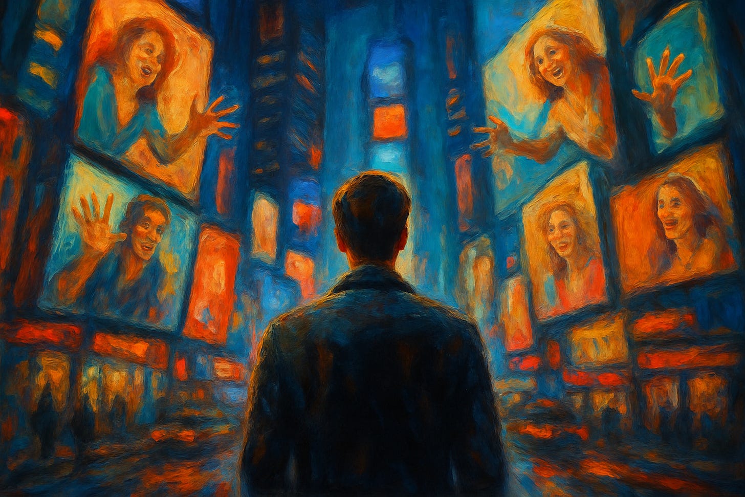 A surreal oil painting shows a man standing with his back to the viewer in Times Square at night, bathed in the glow of towering billboards. The ads around him are exaggerated and dreamlike, with figures inside the screens appearing to lean forward, their hands and faces stretching outward as if trying to get his attention. Neon blues, oranges, and reds blur together in thick, expressive brushstrokes, creating a sense of sensory overwhelm as the city bends and warps around him.