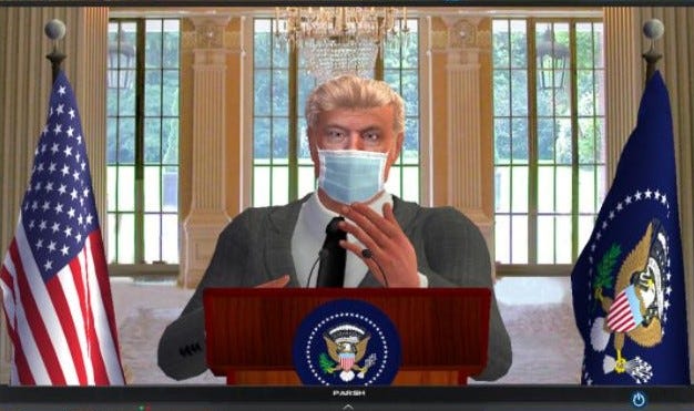 A videogame screenshot of Donald Trump speaking from the White House whilst wearing a blue surgical mask.