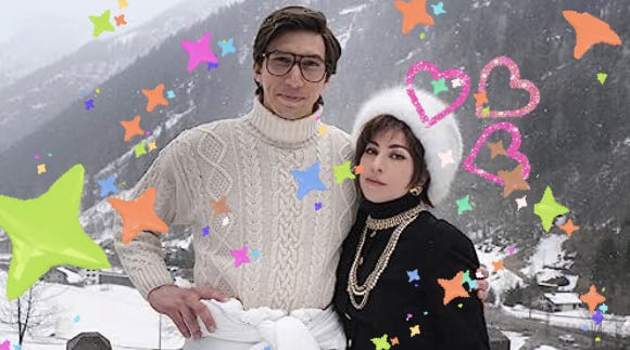 Blessed Adam Driver and Lady Gaga as their characters and surrounded by sparkles.