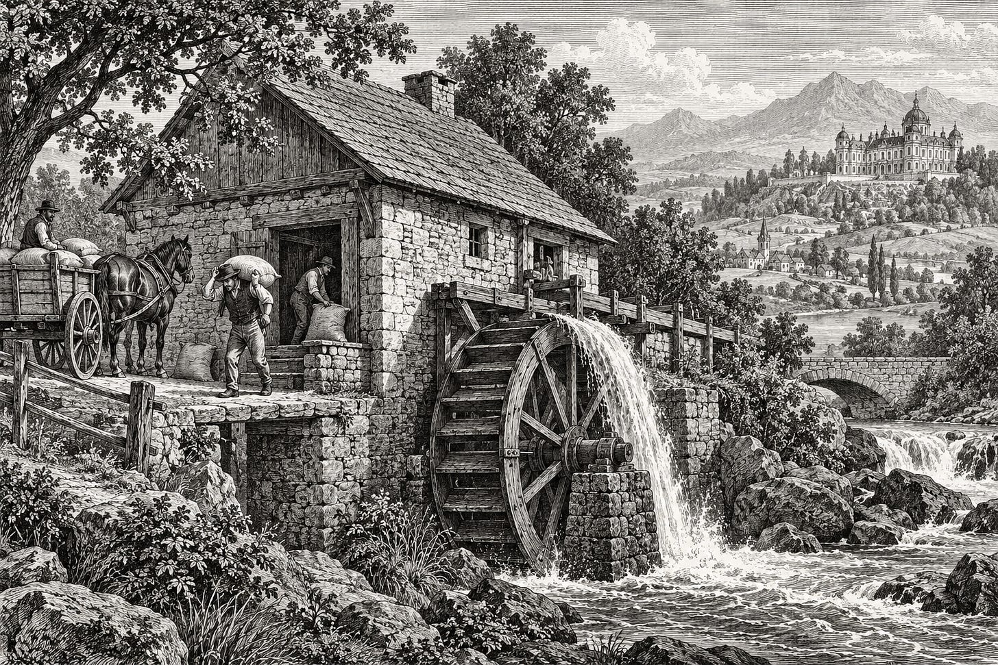 Millers working at a watermill with an ornate palace in the distance Millers working at a watermill with an ornate palace in the distance