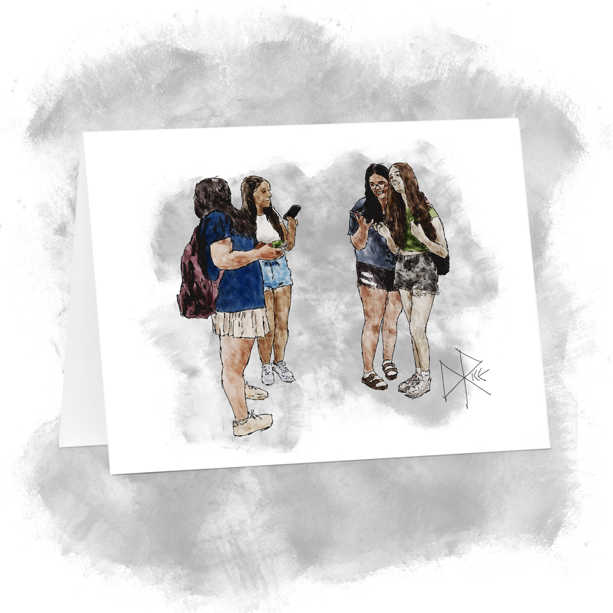 A group of teen girls standing around, laughing and scrolling as they peer at their phones. Sketch art by Don Rice.